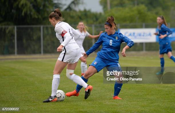 Marta Morreale of Italy women's U16 competes with Clara Moreira of France women's U16 during the 2nd Female Tournament 'Delle Nazioni' match between...