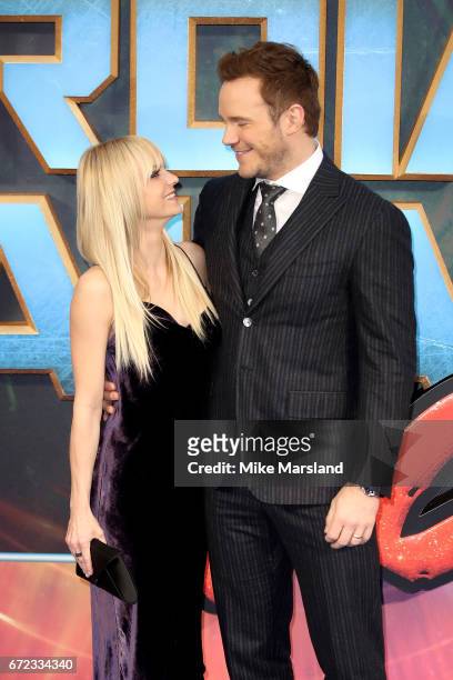 Actor Chris Pratt and his wife actress Anna Faris attend the UK screening of "Guardians of the Galaxy Vol. 2" at Eventim Apollo on April 24, 2017 in...