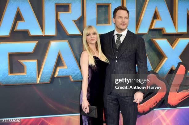 Actor Chris Pratt and his wife actress Anna Faris attend the UK screening of "Guardians of the Galaxy Vol. 2" at Eventim Apollo on April 24, 2017 in...