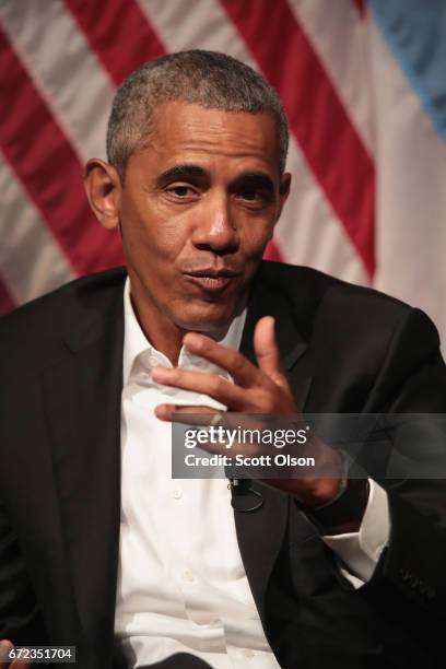 Former U.S. President Barack Obama visits with youth leaders at the University of Chicago to help promote community organizing on April 24, 2017 in...