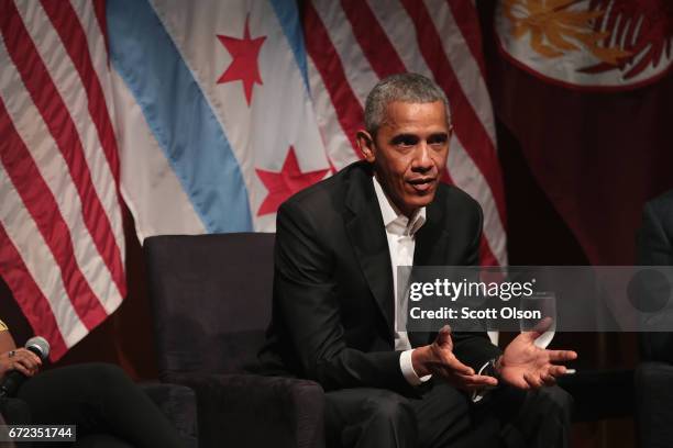 Former U.S. President Barack Obama visits with youth leaders at the University of Chicago to help promote community organizing on April 24, 2017 in...