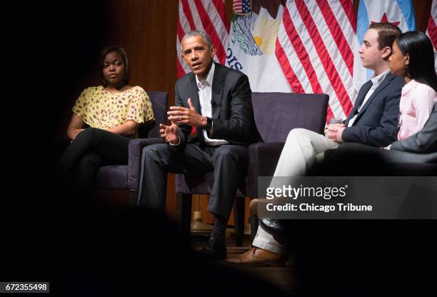 Former President Barack Obama speaks on Monday, April 24, 2017 at the Logan Center for the Arts on the University of Chicago campus. He led a...