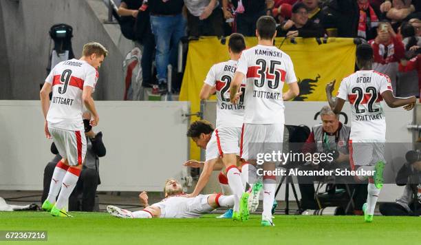 Alexandru Maxim of Stuttgart celebrates the first goal for his team during the Second Bundesliga match between VfB Stuttgart and 1. FC Union Berlin...