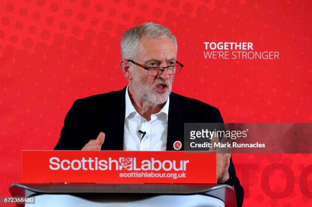 Labour leader Jeremy Corbyn gives a General Election speech at the Carnegie Conference Centre on April 24, 2017 in Dunfermline, Scotland. The UK...