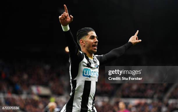 Ayoze Perez of Newcastle United celebrates as he scores their first goal during the Sky Bet Championship match between Newcastle United and Preston...