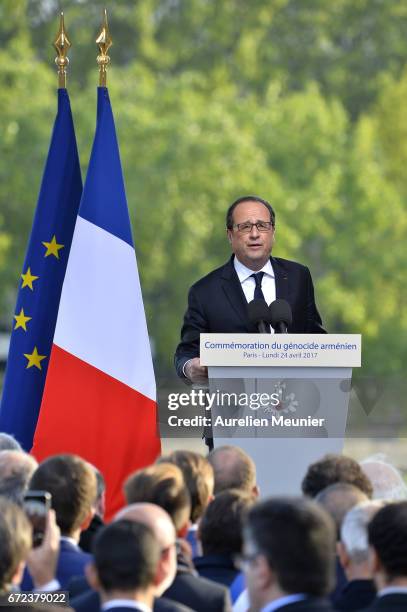 French President Francois Hollande speaks during the commemoration of the 102nd anniversary of The Armenian Genocide on April 24, 2017 in Paris,...