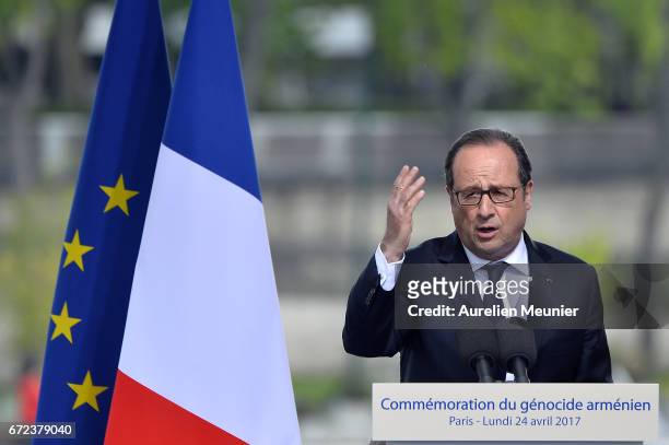 French President Francois Hollande speaks during the commemoration of the 102nd anniversary of The Armenian Genocide on April 24, 2017 in Paris,...