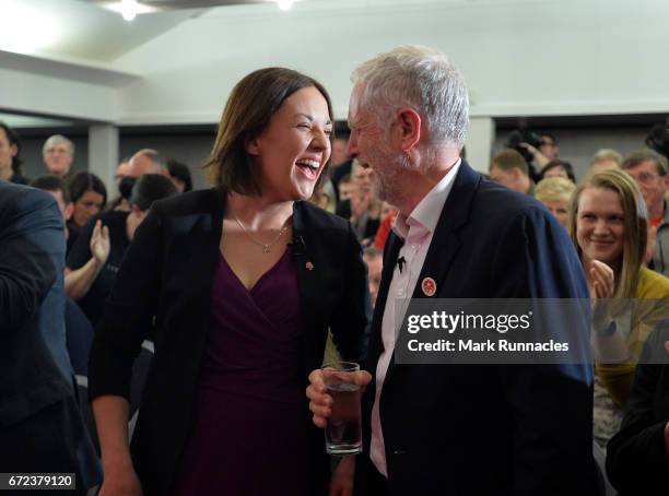 Labour leader Jeremy Corbyn and Scottish Labour leader Kezia Dugdale talk together ahead of a General Election speech at the Carnegie Conference...