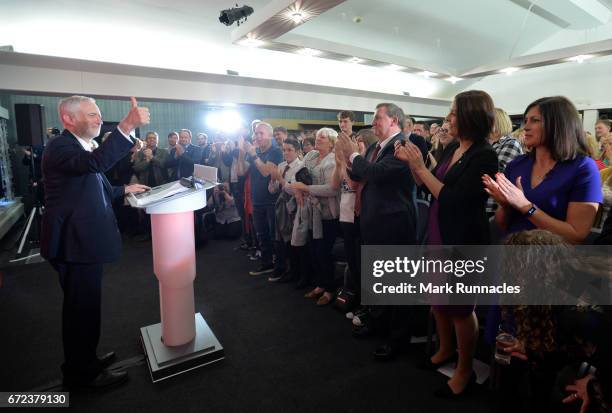 Labour leader Jeremy Corbyn gives a General Election speech at the Carnegie Conference Centre on April 24, 2017 in Dunfermline, Scotland. The UK...