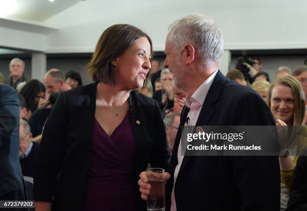 Labour leader Jeremy Corbyn and Scottish Labour leader Kezia Dugdale talk together ahead of a General Election speech at the Carnegie Conference...