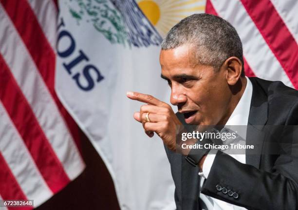 Former President Barack Obama speaks about civic engagement on Monday, April 24, 2017 at the Logan Center for the Arts on the University of Chicago...