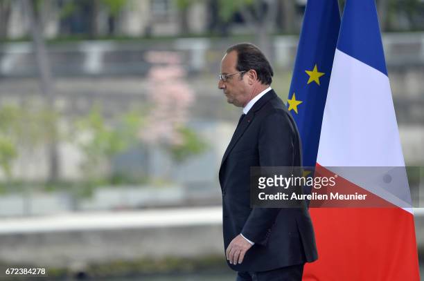 French President Francois Hollande leaves after his speech during the commemoration of the 102nd anniversary of The Armenian Genocide on April 24,...