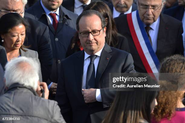 French President Francois Hollande arrives to the commemoration of the 102nd anniversary of The Armenian Genocide on April 24, 2017 in Paris, France....