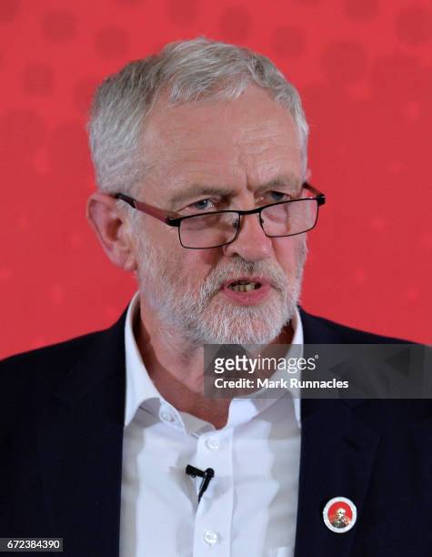 Labour leader Jeremy Corbyn gives a General Election speech at the Carnegie Conference Centre on April 24, 2017 in Dunfermline, Scotland. The UK...