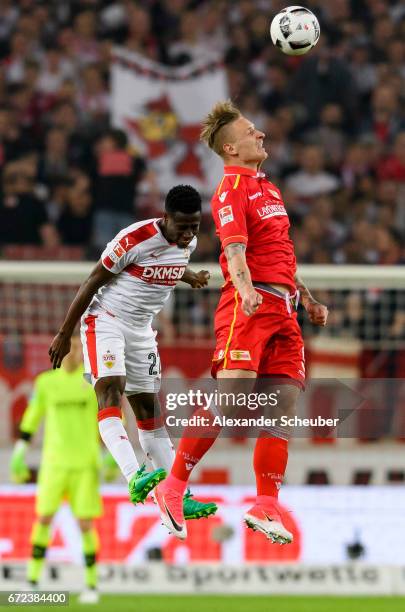 Ebenezer Ofori of Stuttgart challenges Sebastian Polter of Berlin during the Second Bundesliga match between VfB Stuttgart and 1. FC Union Berlin at...