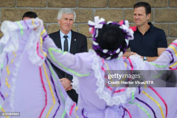 Eugen Gehlenborg, DFB Vice President Social and Society Policy and Oliver Bierhoff, team manager of the German national team watches Mexican dances...