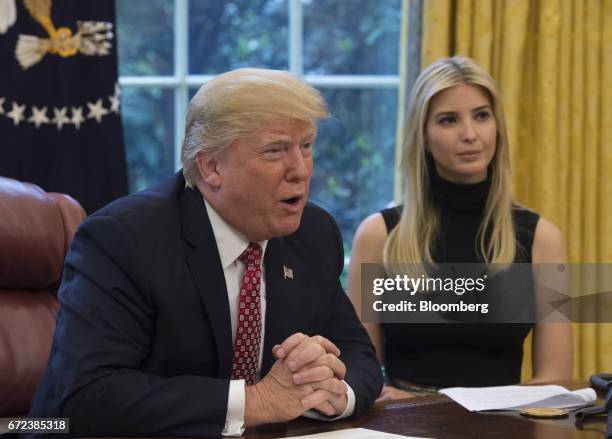 President Donald Trump speaks along side his daughter Ivanka Trump while holding a video conference to the International Space Station with NASA...