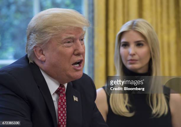 President Donald Trump speaks along side his daughter Ivanka Trump while holding a video conference to the International Space Station with NASA...