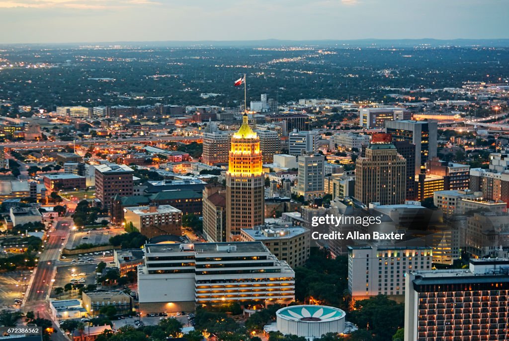 Aerial view of San Antonio illuminated at dusk