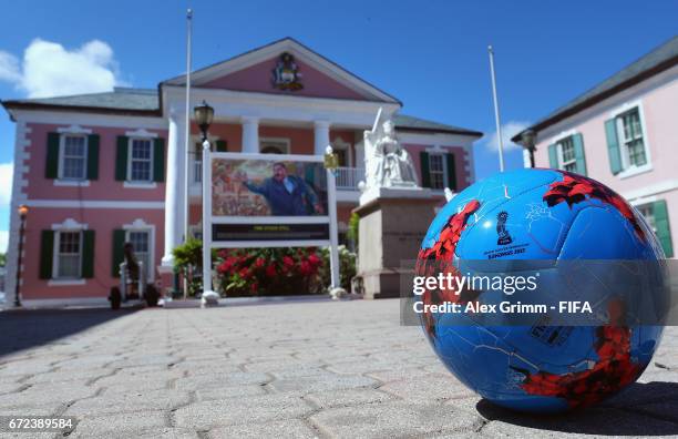 General view with the official match ball in front of the parliament building before the FIFA Beach Soccer World Cup Bahamas 2017 on April 24, 2017...