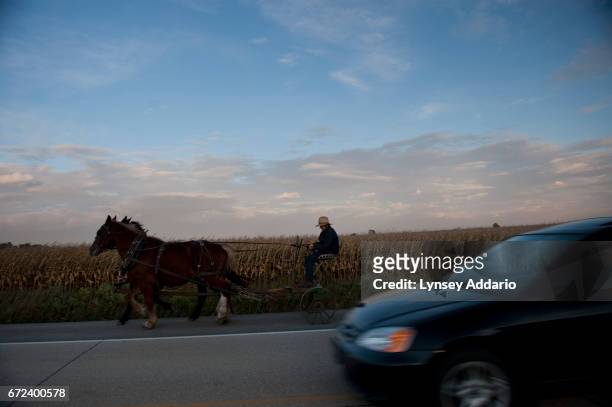 Car passes an Amish horse and buggy near Newtown, Iowa. September 30, 2011.