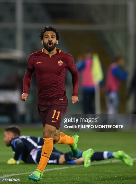 Roma's midfielder from Egypt Mohamed Salah celebrates after scoring a goal during the Italian Serie A football match between Pascara and Roma on...