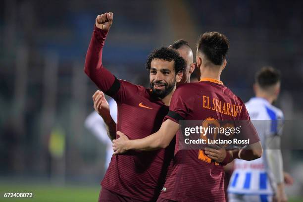 Mohamed Salah of AS Roma celebrates with Stephan El Shaarawy after scoring a goal during the Serie A match between Pescara Calcio and AS Roma at...