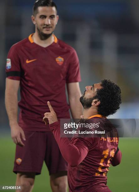 Mohamed Salah of AS Roma celebrates after scoring a goal during the Serie A match between Pescara Calcio and AS Roma at Adriatico Stadium on April...