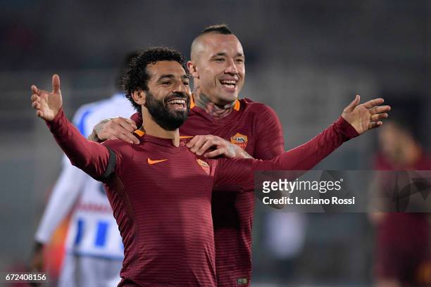 Mohamed Salah of AS Roma celebrates with Radja Nainggolan after scoring a goal during the Serie A match between Pescara Calcio and AS Roma at...