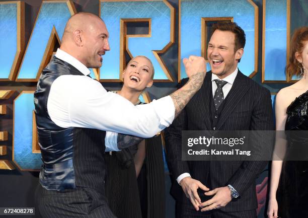 Dave Bautista, Pom Klementieff and Chris Pratt attend the European Gala screening of "Guardians of the Galaxy Vol. 2" at Eventim Apollo on April 24,...