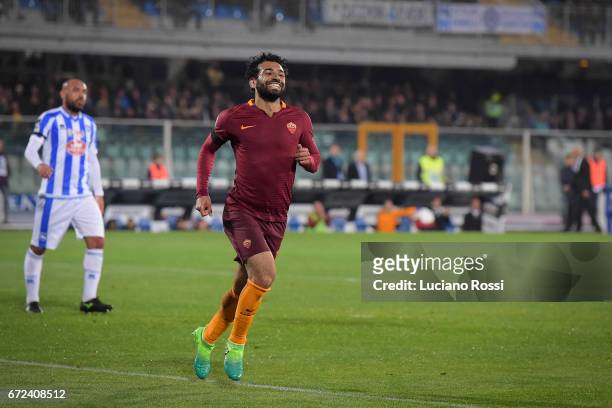 Mohamed Salah of AS Roma celebrates after scoring his second goal during the Serie A match between Pescara Calcio and AS Roma at Adriatico Stadium on...
