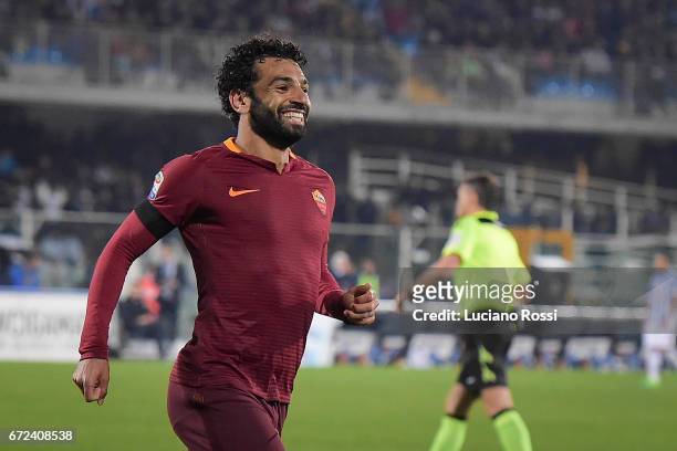 Mohamed Salah of AS Roma celebrates after scoring his second goal during the Serie A match between Pescara Calcio and AS Roma at Adriatico Stadium on...