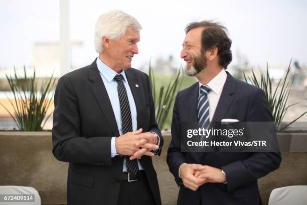 Eugen Gehlenborg, DFB Vice President Social and Society Policy and Viktor Elbling, German ambassador in Mexico talk during the visit and unveiling of...