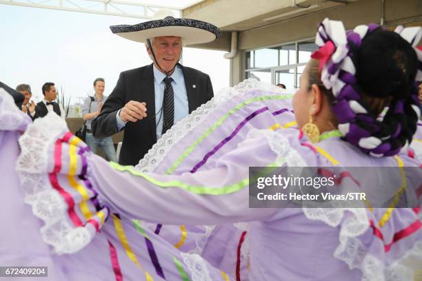 Eugen Gehlenborg, DFB Vice President Social and Society Policy dances with mexican folkloric dancers during the visit and unveiling of plaque for the...