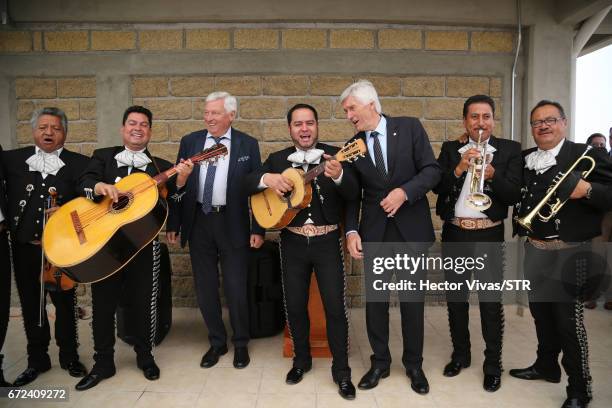 Alfred Vianden and Eugen Gehlenborg, DFB Vice President Social and Society Policy pose with mexican mariachis during the visit and unveiling of...