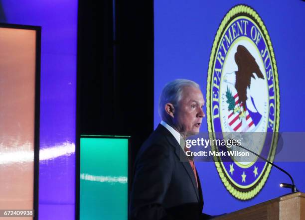 Attorney General Jeff Sessions speaks during the 2017 Ethics and Compliance Initiative conference at the Marriott Marquis hotel on April 24, 2017 in...