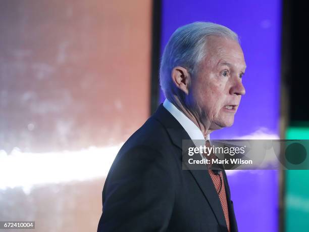 Attorney General Jeff Sessions speaks during the 2017 Ethics and Compliance Initiative conference at the Marriott Marquis hotel on April 24, 2017 in...