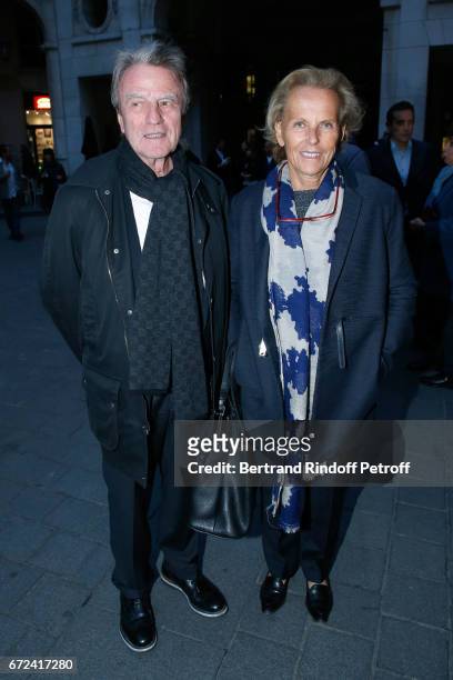 Bernard Kouchner and his wife Christine Ockrent attend "La Recompense" Theater Play at Theatre Edouard VII on April 24, 2017 in Paris, France.