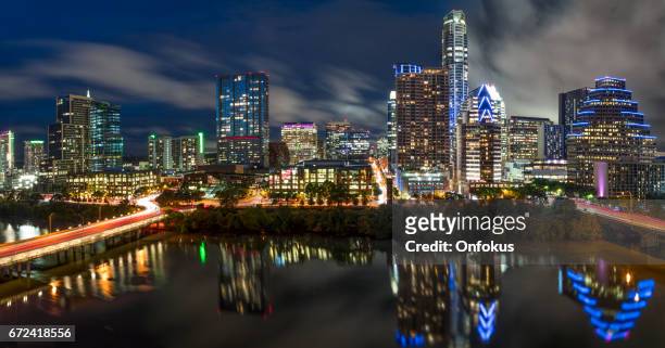 austin texas downtown skyscrapers skyline panorama cityscape at sunset - austin texas sunset stock pictures, royalty-free photos & images