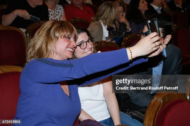 Daughters of Daniel Russo, Amanda and Charlotte Russo attend "La Recompense" Theater Play at Theatre Edouard VII on April 24, 2017 in Paris, France.