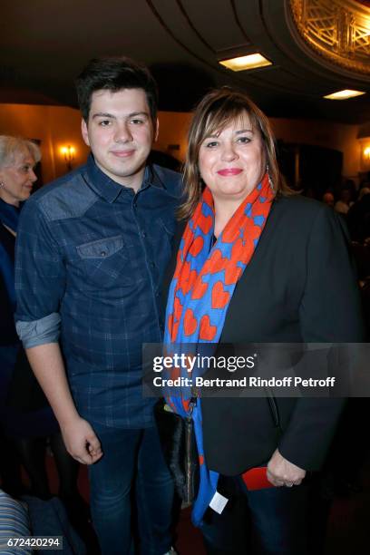 Michele Bernier and her son Enzo Gaccio attend "La Recompense" Theater Play at Theatre Edouard VII on April 24, 2017 in Paris, France.