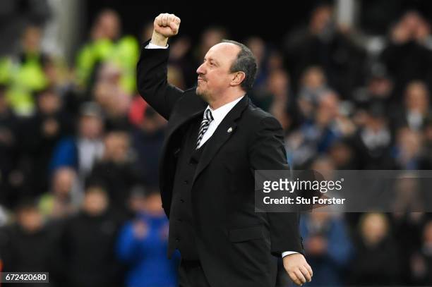 Rafa Benitez manager of Newcastle United celebrates victory and promotion after the Sky Bet Championship match between Newcastle United and Preston...