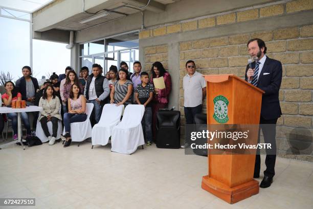 Viktor Elbling, German ambassador in Mexico talks during the visit and unveiling of plaque for the economic support given by the DFB Egidius Braun...