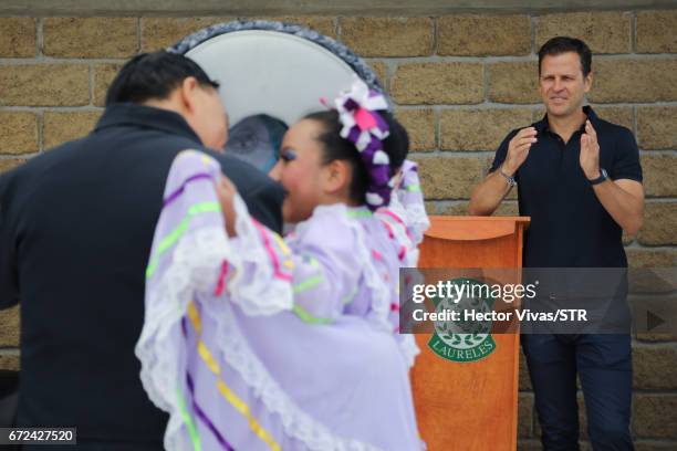 Oliver Bierhoff, team manager of the German national team applauds to mexican folkloric dancers during the visit and unveiling of plaque for the...
