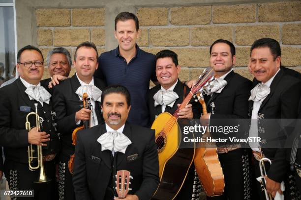 Oliver Bierhoff, team manager of the German national team pose with mexican mariachis during the visit and unveiling of plaque for the economic...