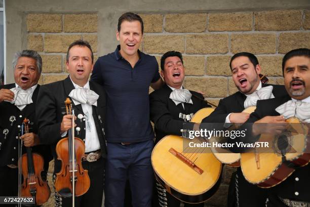 Oliver Bierhoff, team manager of the German national team sing with mexican mariachis during the visit and unveiling of plaque for the economic...