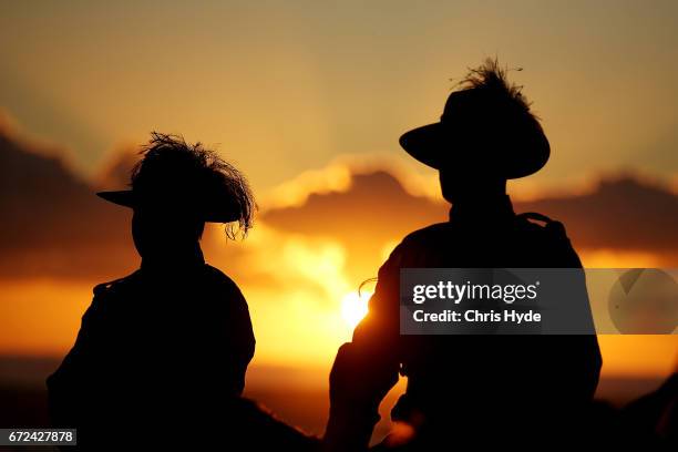 Members of the Mudgeeraba light horse troop take part in the ANZAC dawn service at Currumbin Surf Life Saving Club on April 25, 2017 in Currumbin,...