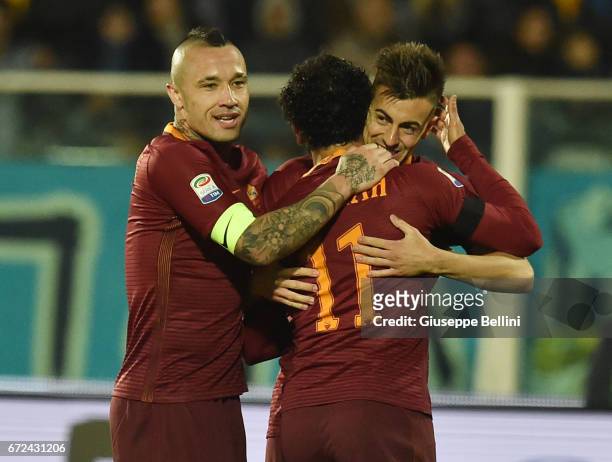 Mohamed Salah of AS Roma celebrates after scoring the goal 0-3 during the Serie A match between Pescara Calcio and AS Roma at Adriatico Stadium on...