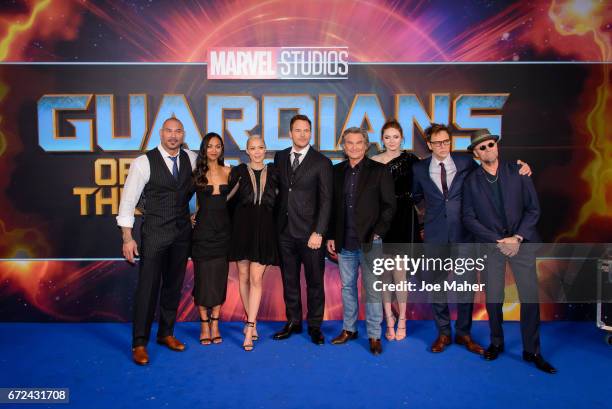 Dave Bautista, Zoe Saldana, Kurt Russell, Pom Klementieff, Chris Pratt, Karen Gillan, James Gunn and Michael Rooker attend the European Gala...