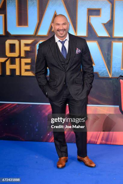 Dave Bautista attends the European Gala Screening of "Guardians of the Galaxy Vol. 2" at Eventim Apollo on April 24, 2017 in London, United Kingdom.